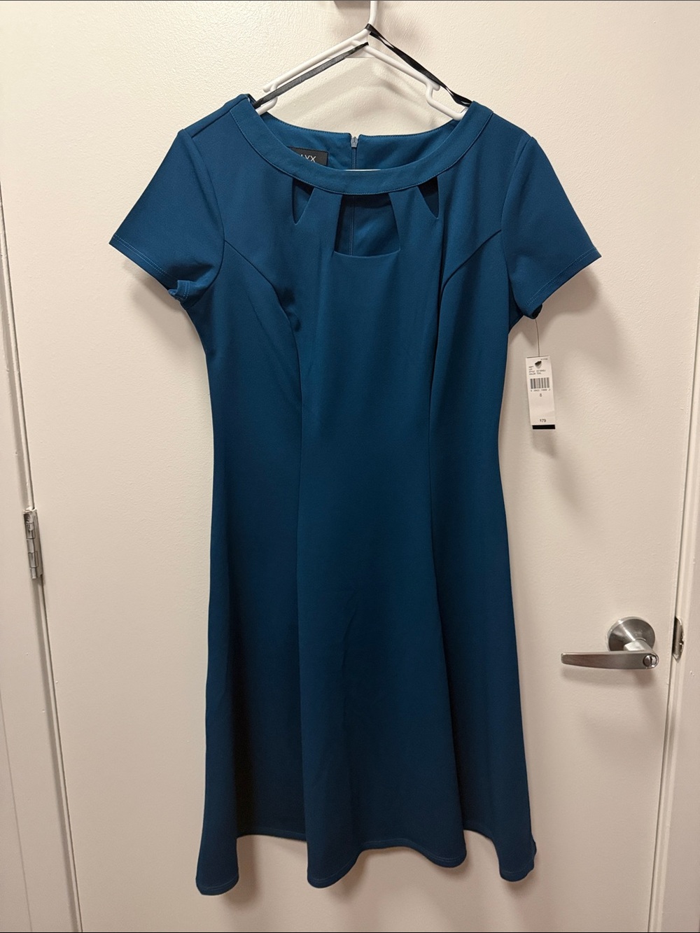 Alyx Teal Short-Sleeve Midi Dress with Keyhole Detail